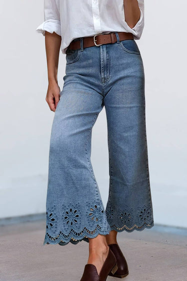 Embroidered Cropped Wide Leg High Waist Jeans
